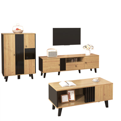 Buffet Design Moderne Noir & Bois Naturel avec 3 Portes Vitrées LED et Rangement Polyvalent (140x41x78.5cm) BHETTER