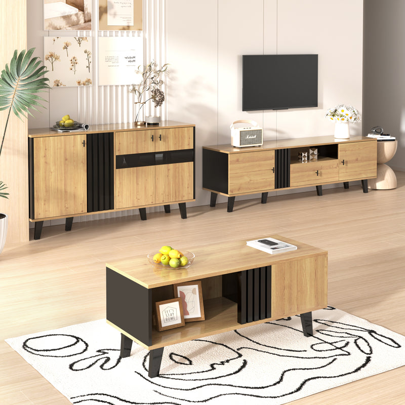 Buffet Design Moderne Noir & Bois Naturel avec 3 Portes Vitrées LED et Rangement Polyvalent (140x41x78.5cm) BHETTER