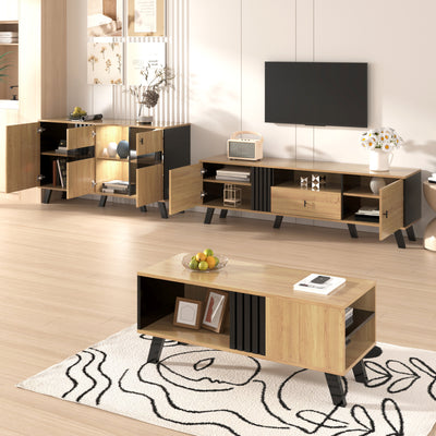 Buffet Design Moderne Noir & Bois Naturel avec 3 Portes Vitrées LED et Rangement Polyvalent (140x41x78.5cm) BHETTER