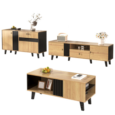 Buffet Design Moderne Noir & Bois Naturel avec 3 Portes Vitrées LED et Rangement Polyvalent (140x41x78.5cm) BHETTER