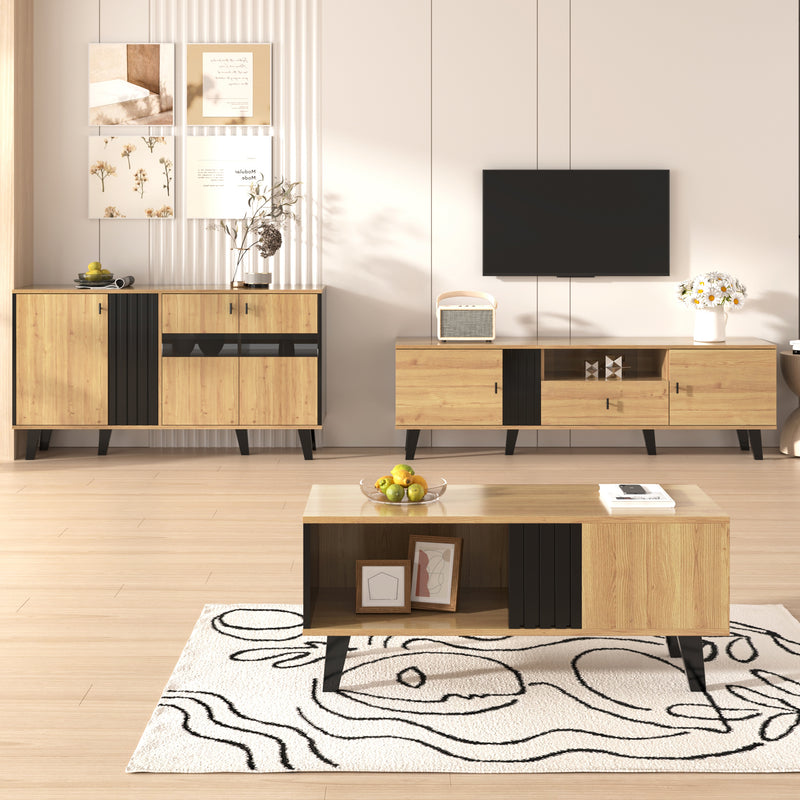 Buffet Design Moderne Noir & Bois Naturel avec 3 Portes Vitrées LED et Rangement Polyvalent (140x41x78.5cm) BHETTER