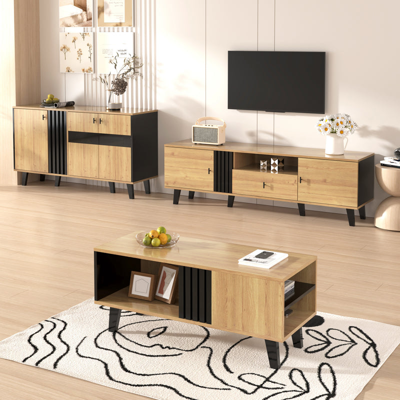 Buffet Design Moderne Noir & Bois Naturel avec 3 Portes Vitrées LED et Rangement Polyvalent (140x41x78.5cm) BHETTER