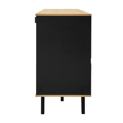 Buffet Design Moderne Noir & Bois Naturel avec 3 Portes Vitrées LED et Rangement Polyvalent (140x41x78.5cm) BHETTER
