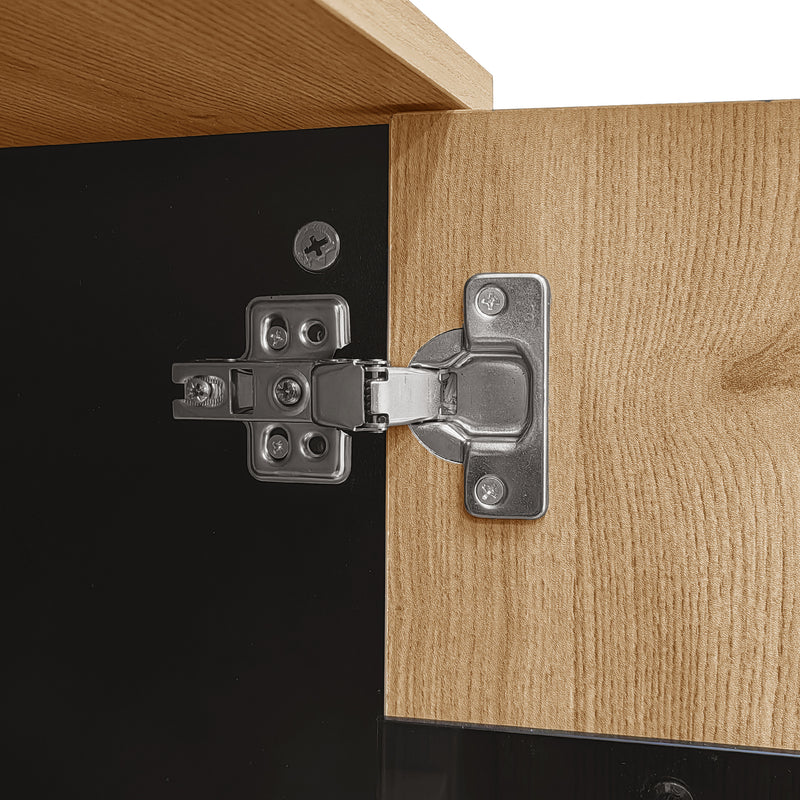 Buffet Design Moderne Noir & Bois Naturel avec 3 Portes Vitrées LED et Rangement Polyvalent (140x41x78.5cm) BHETTER