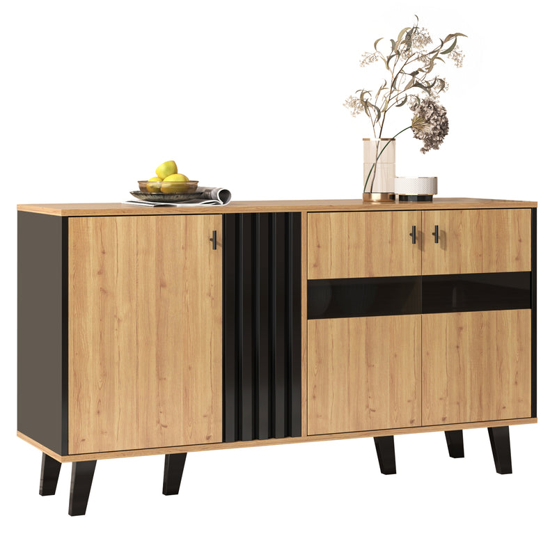 Buffet Design Moderne Noir & Bois Naturel avec 3 Portes Vitrées LED et Rangement Polyvalent (140x41x78.5cm) BHETTER