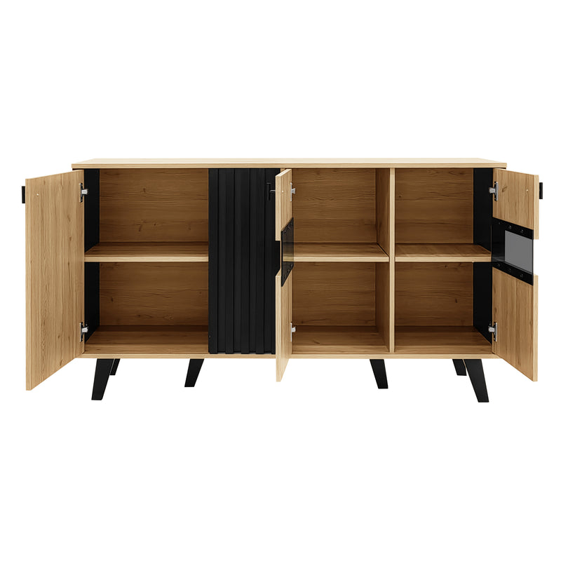 Buffet Design Moderne Noir & Bois Naturel avec 3 Portes Vitrées LED et Rangement Polyvalent (140x41x78.5cm) BHETTER
