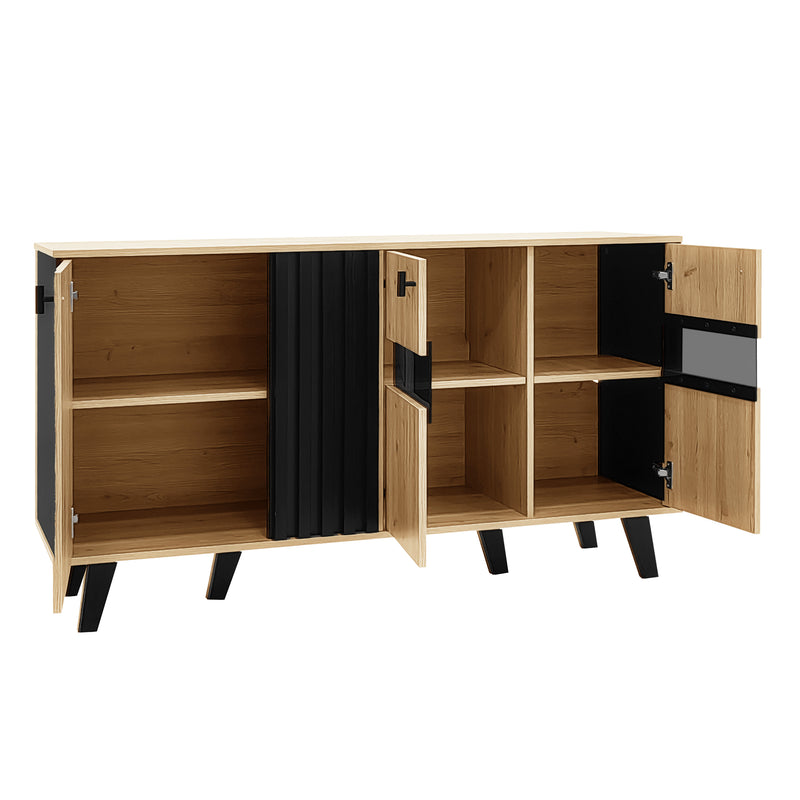 Buffet Design Moderne Noir & Bois Naturel avec 3 Portes Vitrées LED et Rangement Polyvalent (140x41x78.5cm) BHETTER