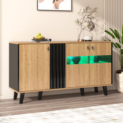 Buffet Design Moderne Noir & Bois Naturel avec 3 Portes Vitrées LED et Rangement Polyvalent (140x41x78.5cm) BHETTER