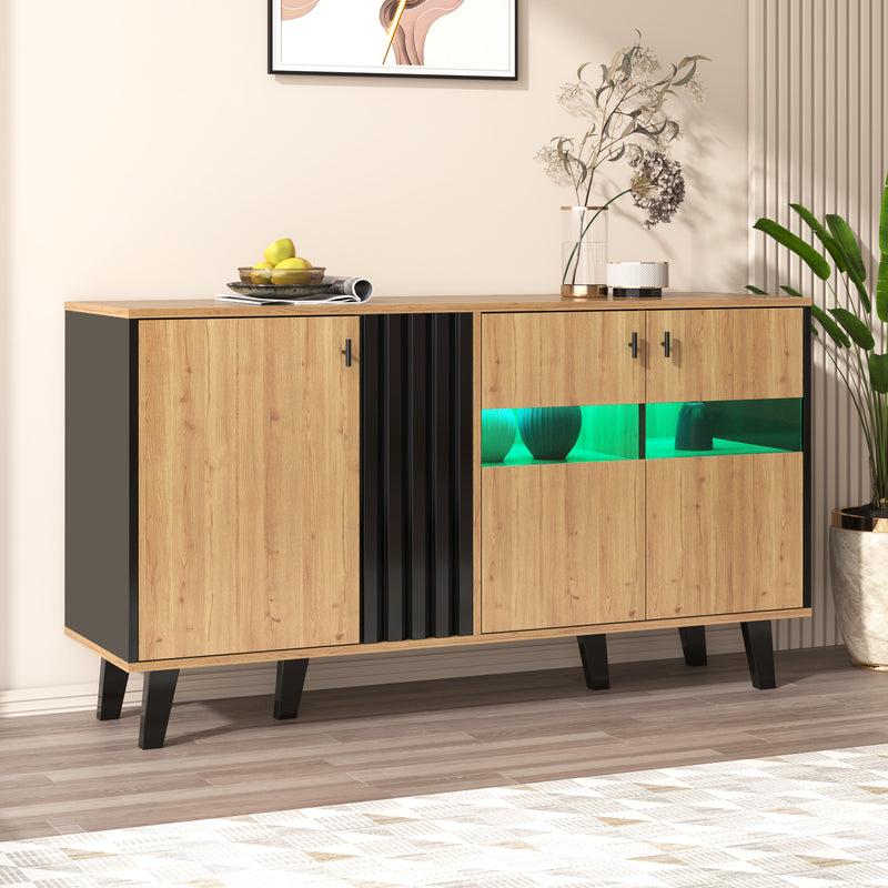 Buffet Design Moderne Noir & Bois Naturel avec 3 Portes Vitrées LED et Rangement Polyvalent (140x41x78.5cm) BHETTER