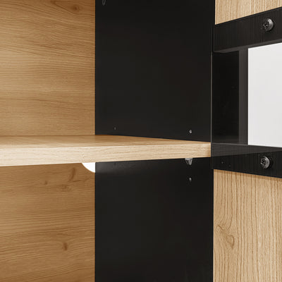 Buffet Design Moderne Noir & Bois Naturel avec 3 Portes Vitrées LED et Rangement Polyvalent (140x41x78.5cm) BHETTER