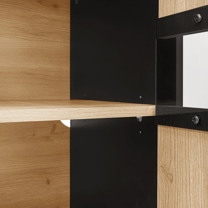 Buffet Design Moderne Noir & Bois Naturel avec 3 Portes Vitrées LED et Rangement Polyvalent (140x41x78.5cm) BHETTER