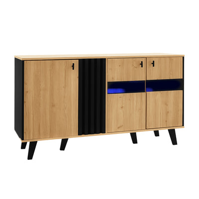 Buffet Design Moderne Noir & Bois Naturel avec 3 Portes Vitrées LED et Rangement Polyvalent (140x41x78.5cm) BHETTER