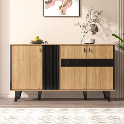 Buffet Design Moderne Noir & Bois Naturel avec 3 Portes Vitrées LED et Rangement Polyvalent (140x41x78.5cm) BHETTER