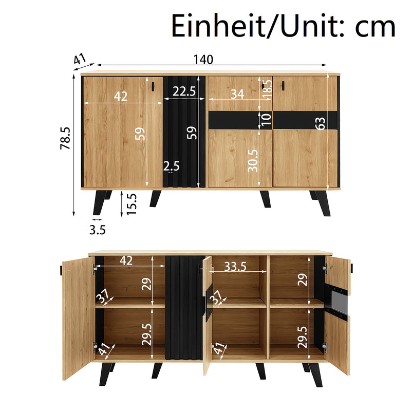 Buffet Design Moderne Noir & Bois Naturel avec 3 Portes Vitrées LED et Rangement Polyvalent (140x41x78.5cm) BHETTER