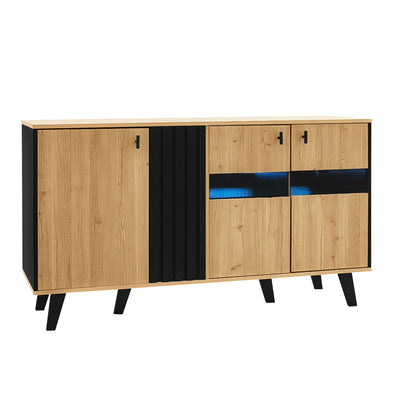 Buffet Design Moderne Noir & Bois Naturel avec 3 Portes Vitrées LED et Rangement Polyvalent (140x41x78.5cm) BHETTER