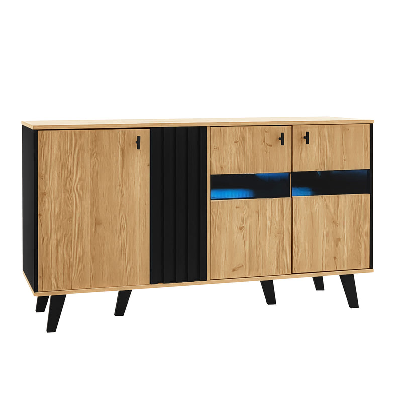 Buffet Design Moderne Noir & Bois Naturel avec 3 Portes Vitrées LED et Rangement Polyvalent (140x41x78.5cm) BHETTER