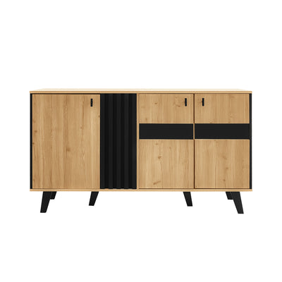 Buffet Design Moderne Noir & Bois Naturel avec 3 Portes Vitrées LED et Rangement Polyvalent (140x41x78.5cm) BHETTER
