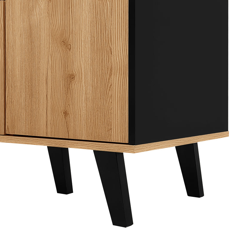 Buffet Design Moderne Noir & Bois Naturel avec 3 Portes Vitrées LED et Rangement Polyvalent (140x41x78.5cm) BHETTER