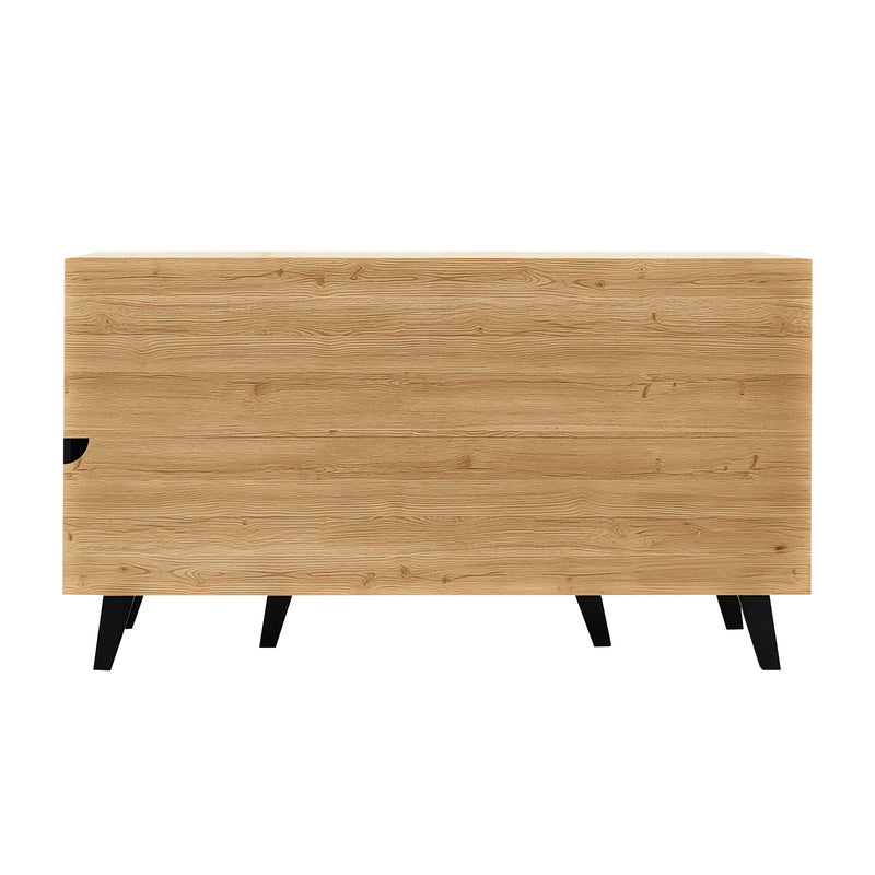 Buffet Design Moderne Noir & Bois Naturel avec 3 Portes Vitrées LED et Rangement Polyvalent (140x41x78.5cm) BHETTER