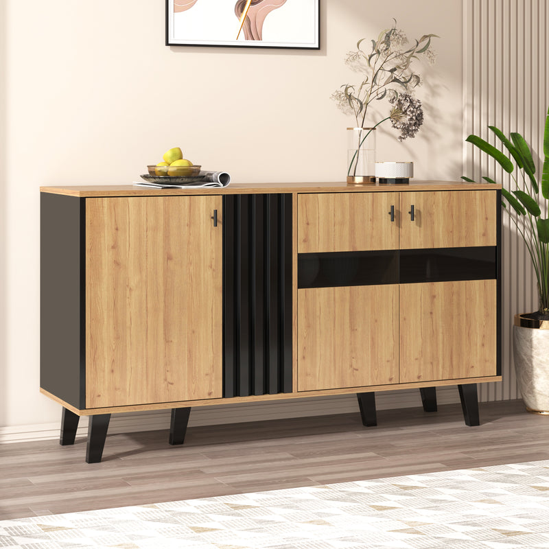 Buffet Design Moderne Noir & Bois Naturel avec 3 Portes Vitrées LED et Rangement Polyvalent (140x41x78.5cm) BHETTER