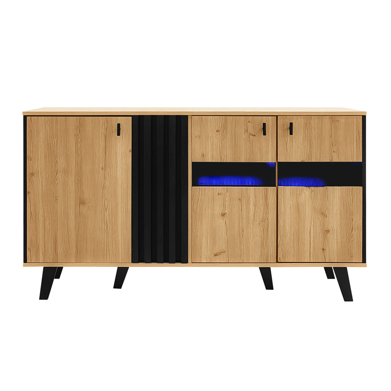 Buffet Design Moderne Noir & Bois Naturel avec 3 Portes Vitrées LED et Rangement Polyvalent (140x41x78.5cm) BHETTER