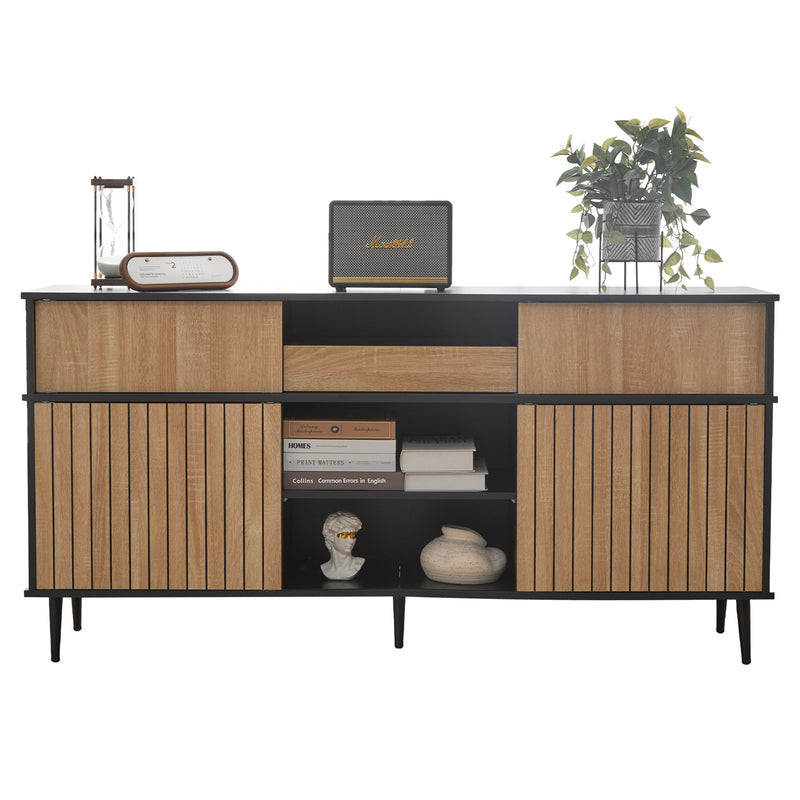 Buffet / Commode Moderne Noir & Effet Chêne avec Portes Coulissantes et Rangement Ouvert (160x40x80cm) BIMPHA