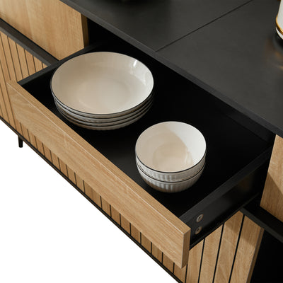 Buffet / Commode Moderne Noir & Effet Chêne avec Portes Coulissantes et Rangement Ouvert (160x40x80cm) BIMPHA