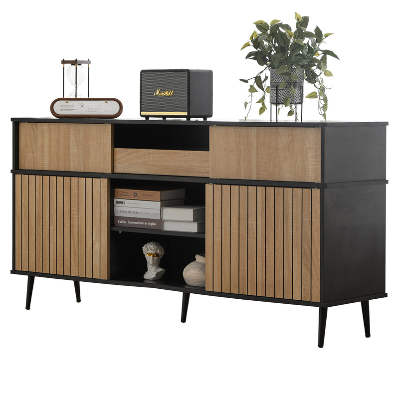 Buffet / Commode Moderne Noir & Effet Chêne avec Portes Coulissantes et Rangement Ouvert (160x40x80cm) BIMPHA