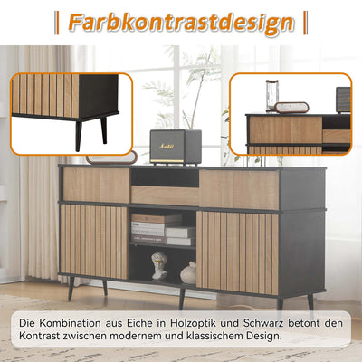 Buffet / Commode Moderne Noir & Effet Chêne avec Portes Coulissantes et Rangement Ouvert (160x40x80cm) BIMPHA