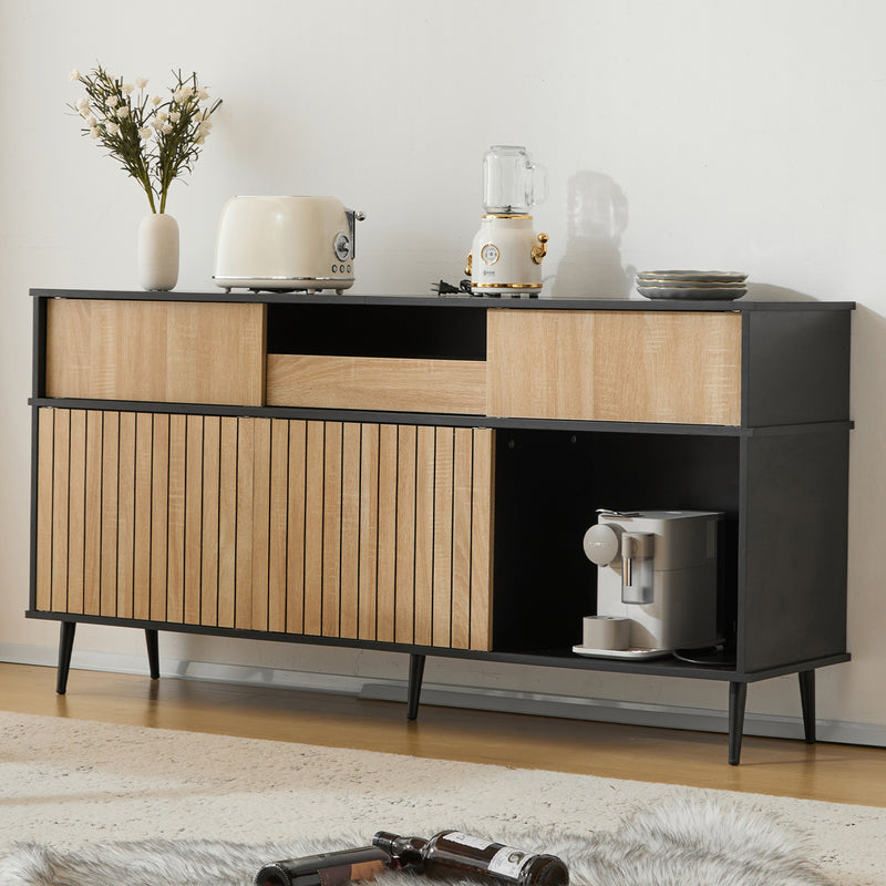 Buffet / Commode Moderne Noir & Effet Chêne avec Portes Coulissantes et Rangement Ouvert (160x40x80cm) BIMPHA
