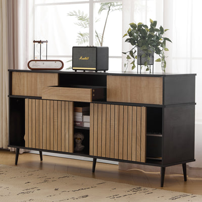 Buffet / Commode Moderne Noir & Effet Chêne avec Portes Coulissantes et Rangement Ouvert (160x40x80cm) BIMPHA