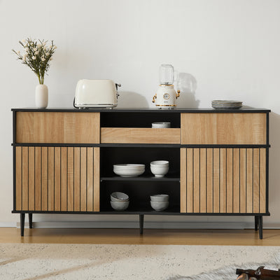 Buffet / Commode Moderne Noir & Effet Chêne avec Portes Coulissantes et Rangement Ouvert (160x40x80cm) BIMPHA