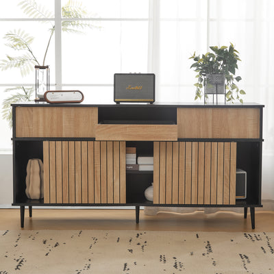 Buffet / Commode Moderne Noir & Effet Chêne avec Portes Coulissantes et Rangement Ouvert (160x40x80cm) BIMPHA