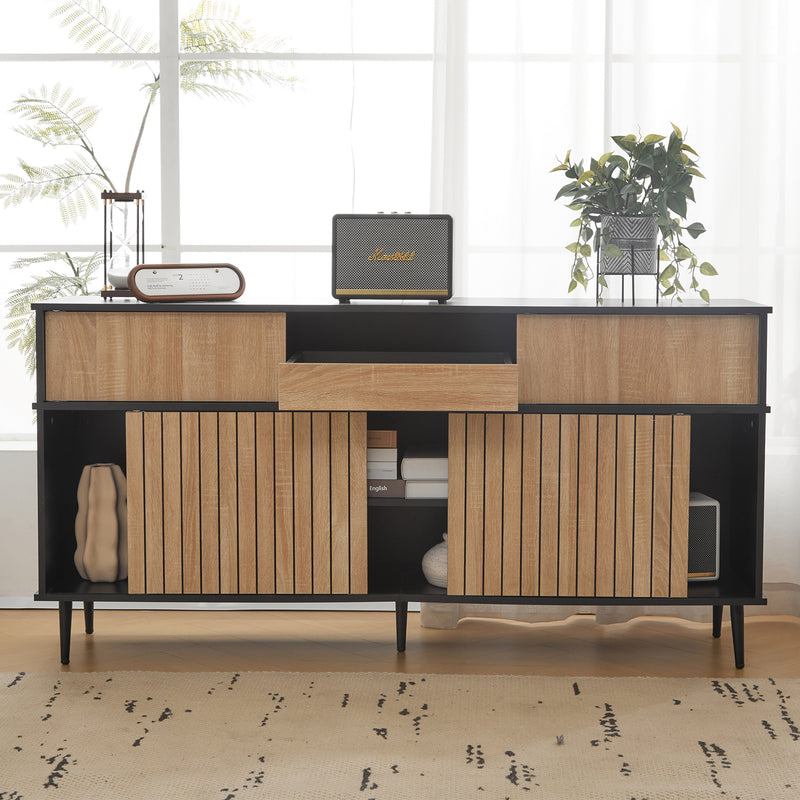 Buffet / Commode Moderne Noir & Effet Chêne avec Portes Coulissantes et Rangement Ouvert (160x40x80cm) BIMPHA