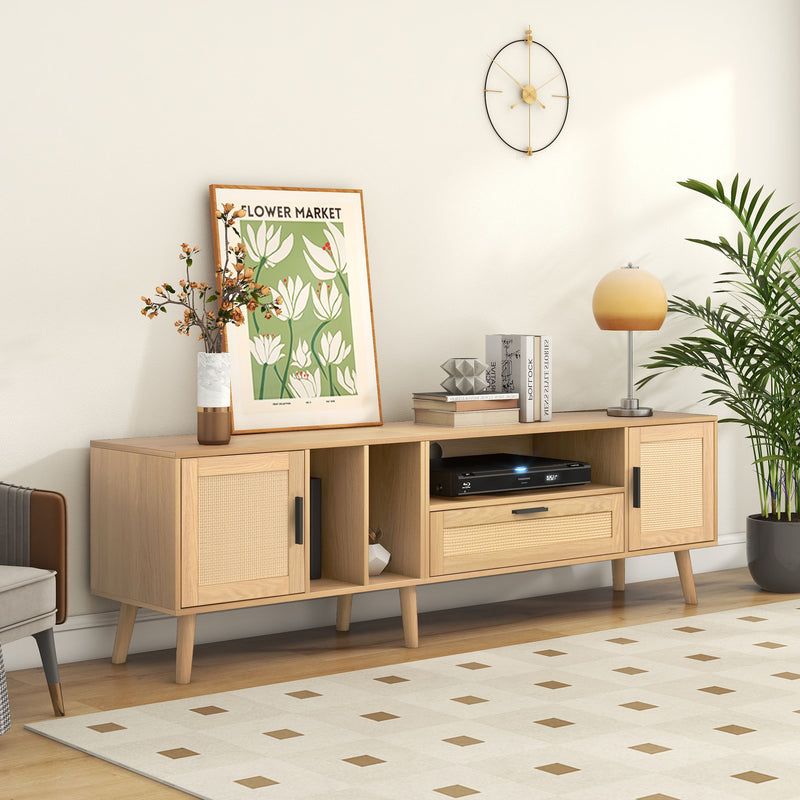 Meuble TV Élégant en Chêne avec Accents en Rotin Synthétique et Rangement Intégré BRAVVANS