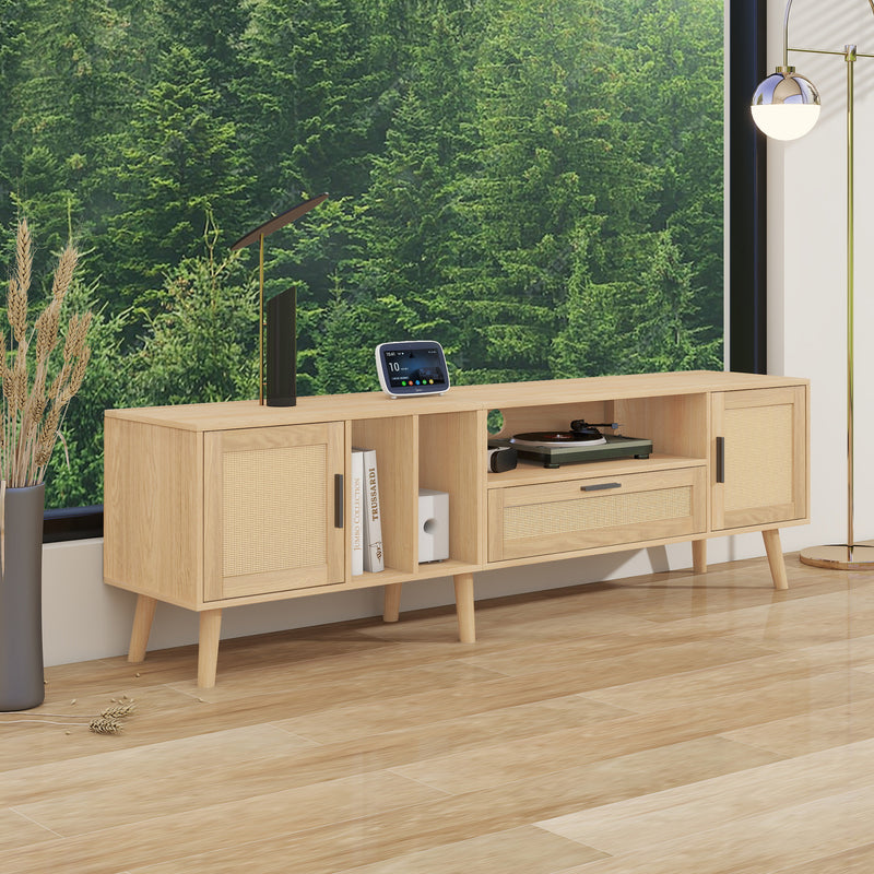 Meuble TV Élégant en Chêne avec Accents en Rotin Synthétique et Rangement Intégré BRAVVANS