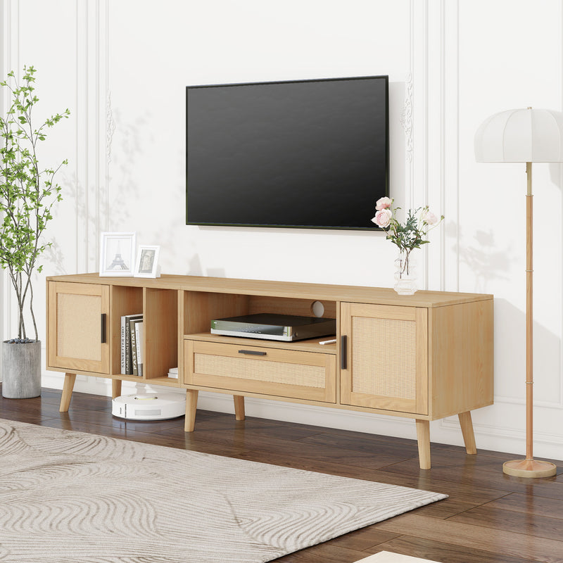 Meuble TV Élégant en Chêne avec Accents en Rotin Synthétique et Rangement Intégré BRAVVANS