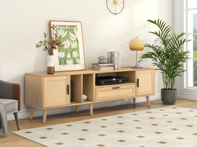 Meuble TV Élégant en Chêne avec Accents en Rotin Synthétique et Rangement Intégré BRAVVANS