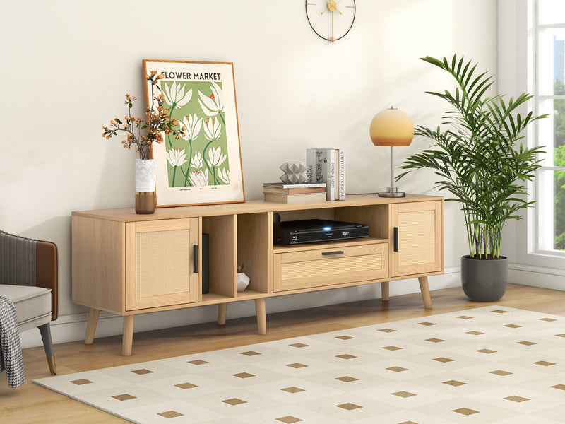 Meuble TV Élégant en Chêne avec Accents en Rotin Synthétique et Rangement Intégré BRAVVANS