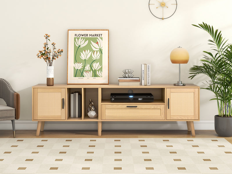Meuble TV Élégant en Chêne avec Accents en Rotin Synthétique et Rangement Intégré BRAVVANS