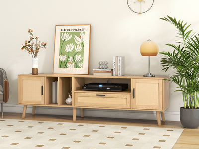 Meuble TV Élégant en Chêne avec Accents en Rotin Synthétique et Rangement Intégré BRAVVANS