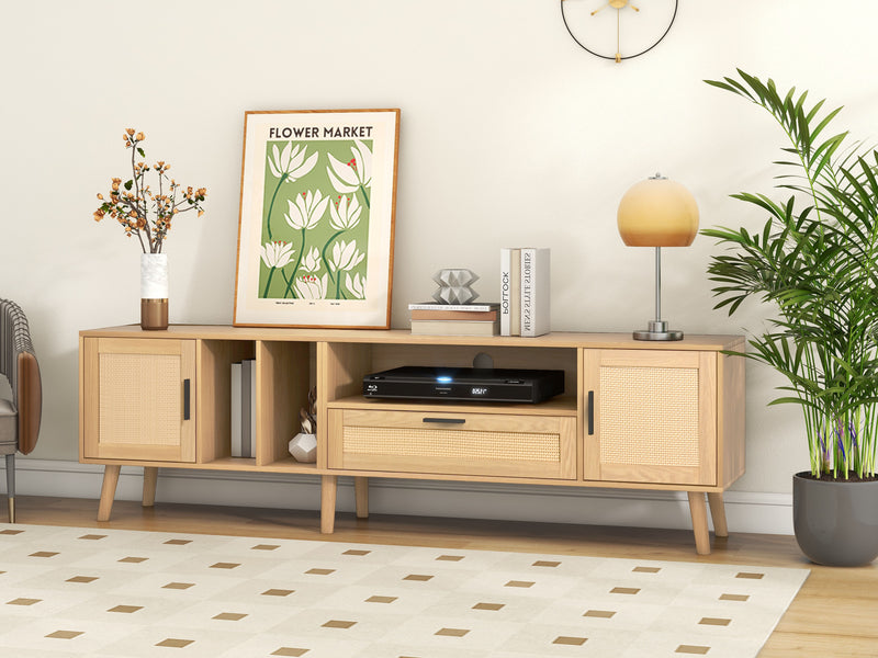 Meuble TV Élégant en Chêne avec Accents en Rotin Synthétique et Rangement Intégré BRAVVANS
