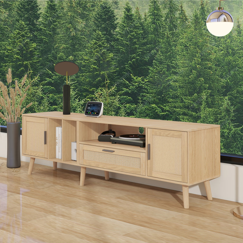 Meuble TV Élégant en Chêne avec Accents en Rotin Synthétique et Rangement Intégré BRAVVANS