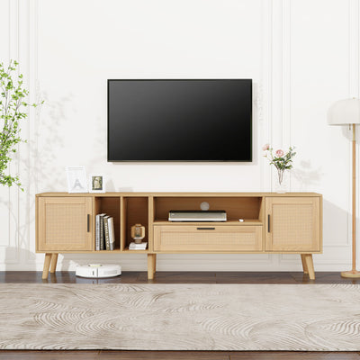 Meuble TV Élégant en Chêne avec Accents en Rotin Synthétique et Rangement Intégré BRAVVANS