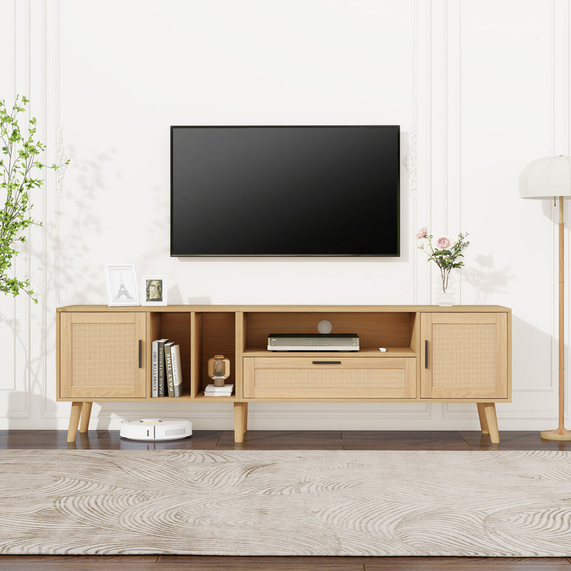 Meuble TV Élégant en Chêne avec Accents en Rotin Synthétique et Rangement Intégré BRAVVANS
