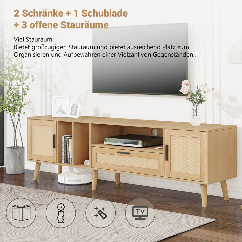 Meuble TV Élégant en Chêne avec Accents en Rotin Synthétique et Rangement Intégré BRAVVANS
