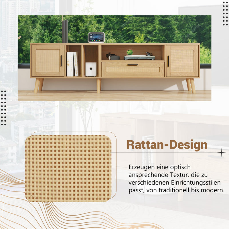 Meuble TV Élégant en Chêne avec Accents en Rotin Synthétique et Rangement Intégré BRAVVANS