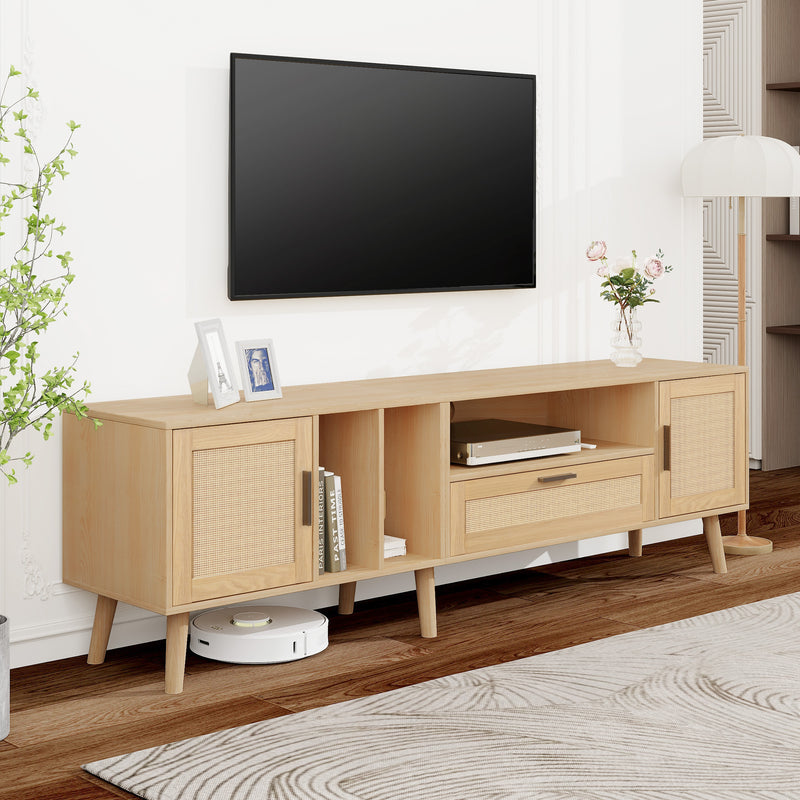 Meuble TV Élégant en Chêne avec Accents en Rotin Synthétique et Rangement Intégré BRAVVANS