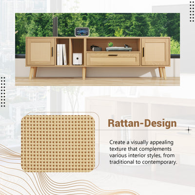 Meuble TV Élégant en Chêne avec Accents en Rotin Synthétique et Rangement Intégré BRAVVANS