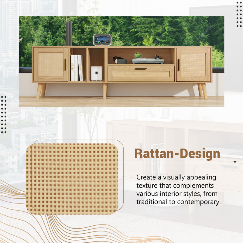 Meuble TV Élégant en Chêne avec Accents en Rotin Synthétique et Rangement Intégré BRAVVANS